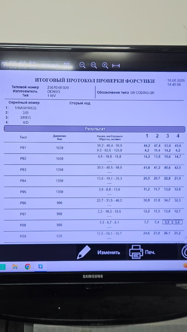 Итоговый протокол проверки форсунок Denso 23670-0E020